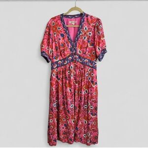 Boden Vibrant Pink and Blue Patterned Midi Dress